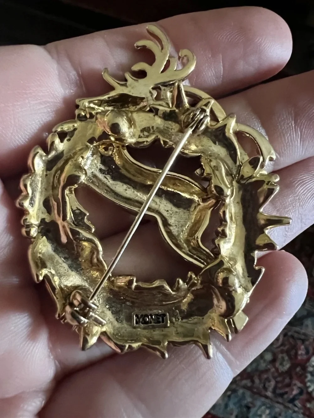 Vintage Monet Reindeer Gold Red Green Christmas Wreath Brooch Pin
